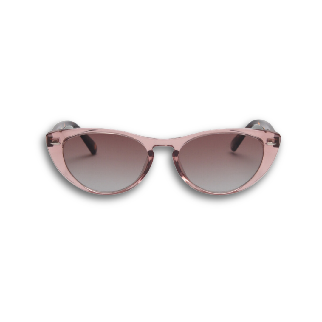 Transparent pink frame cat-eye sunglasses featuring polarized TAC lenses and 100% UV protection, reducing glare for outdoor activities.