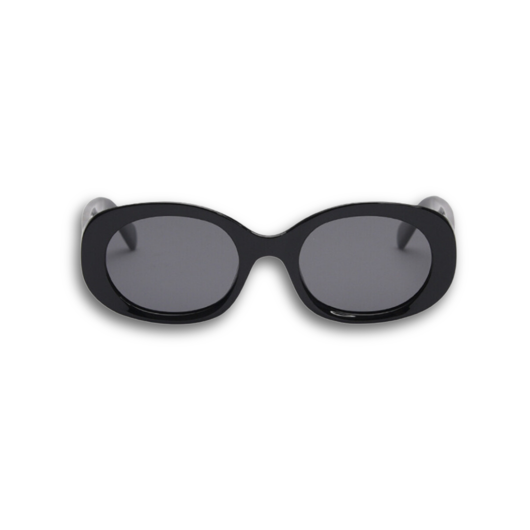 Minimalist black bold oval sunglasses featuring dark polarized lenses and 100% UV protection, aesthetic chic fashion eyewear.