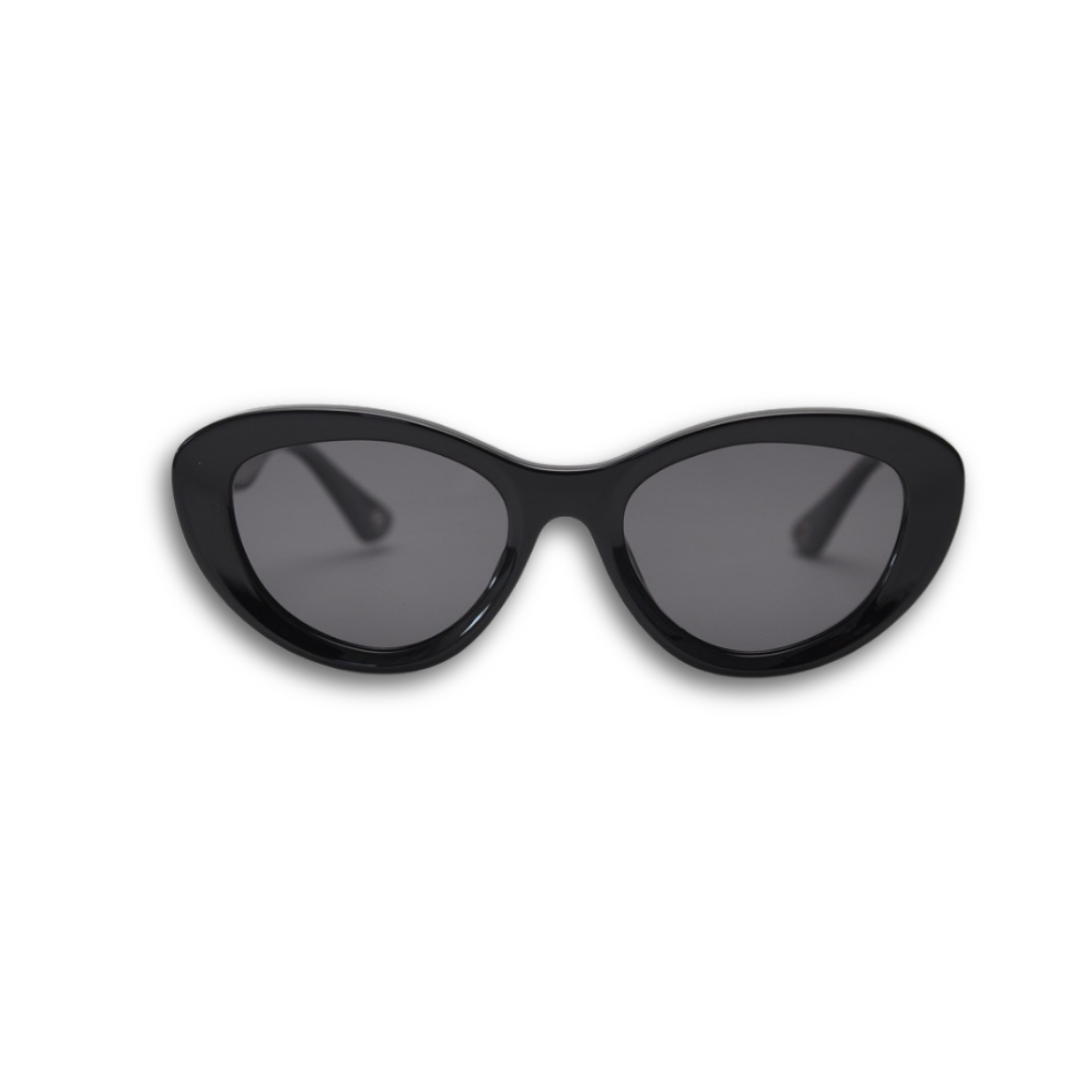 Classic black bold frame cat-eye sunglasses with polarized lenses and UV protection, aesthetic minimalist eyewear.