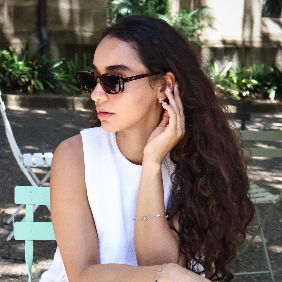 Stylish unisex square sunglasses by By Charley, featuring a classic tortoiseshell frame and polarized lenses that provide 100% UV protection and glare reduction for a confident, architectural aesthetic.