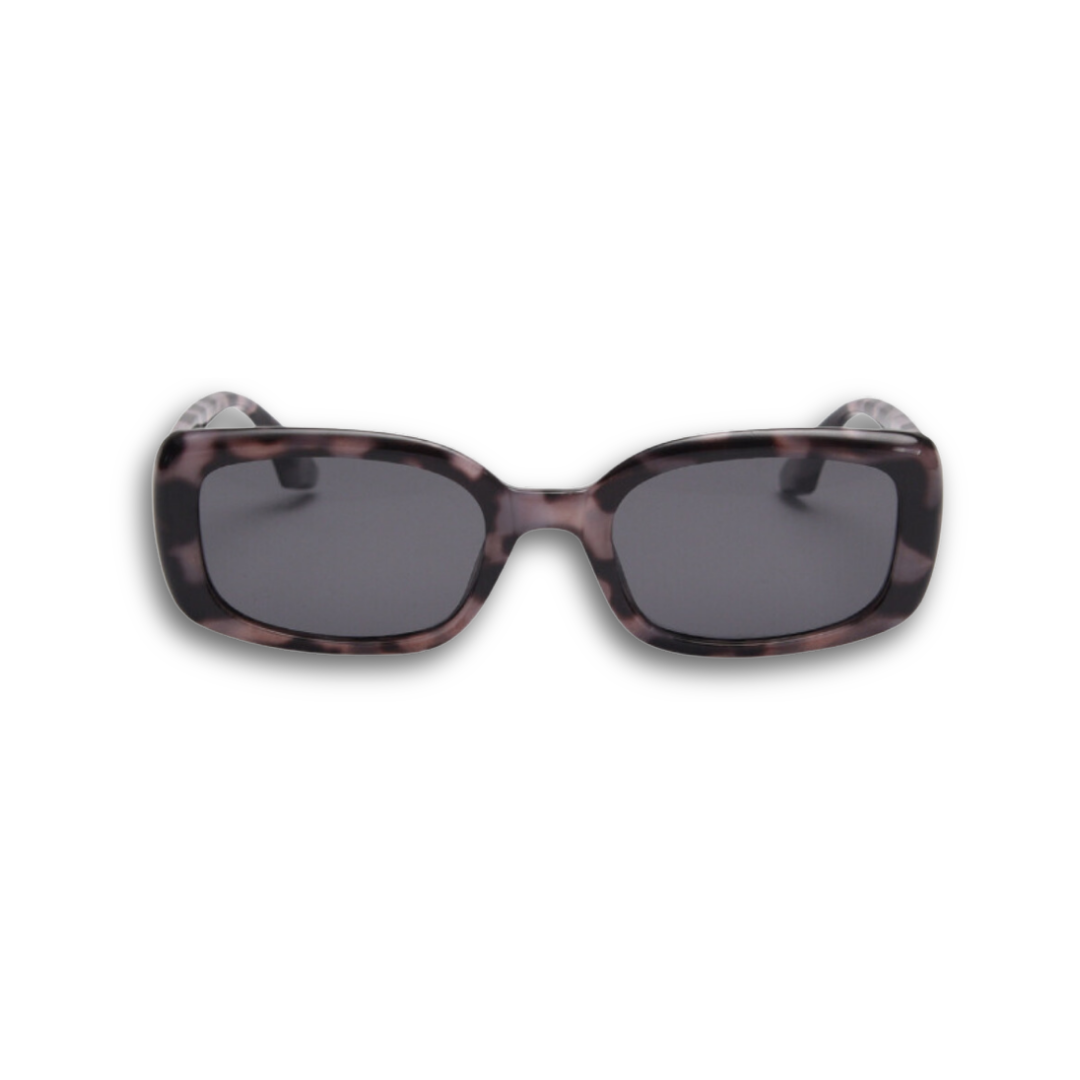 Smoky purple tortoise frame rectangle sunglasses featuring polarized lenses and 100% UV protection, modern aesthetic retro sunglasses.
