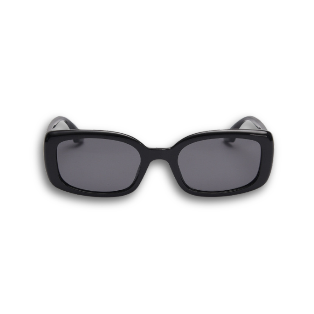 Classic black rectangle sunglasses with polarized lenses and UV protection, retro 90s inspired slim frame eyewear for women. Aesthetic chic everyday eyewear.