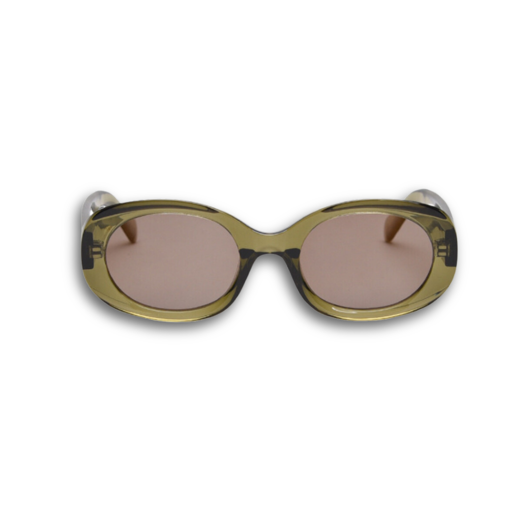 Polarized olive green oval sunglasses, UV400 protective lenses, stylish retro shades with a translucent frame.Translucent olive green oval sunglasses with polarized tea lenses and UV protection, vintage aesthetic eyewear for women.