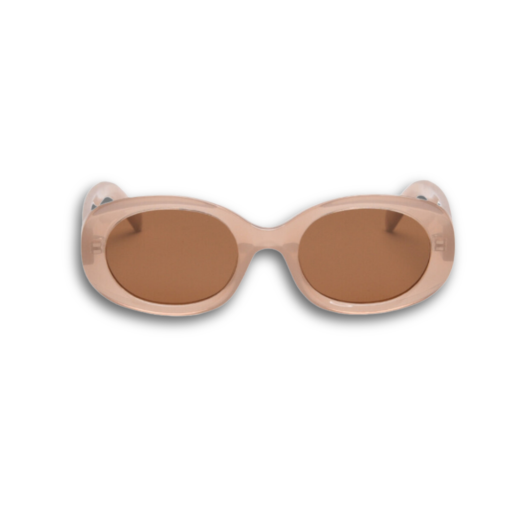 Nude blush oval sunglasses with thick frames and brown polarized lenses, UV protective minimalist eyewear in "Clean Girl" aesthetic. Translucent dusty pink cat-eye sunglasses with gradient polarized lenses and UV protection, retro chic eyewear for women.