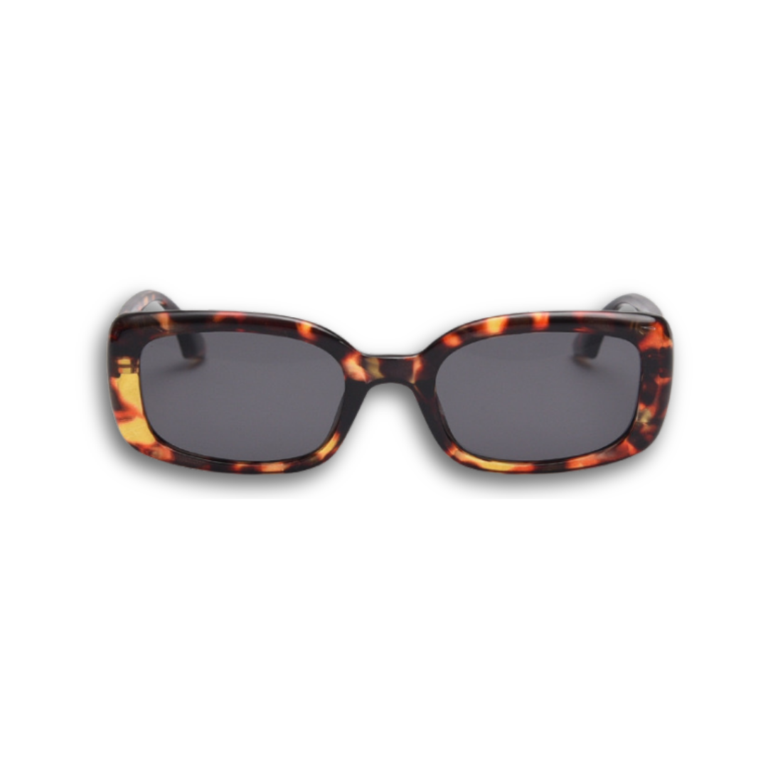 Classic Tortoiseshell rectangular sunglasses with polarized lenses and UV protection, retro 90s inspired bold frame eyewear for women.
